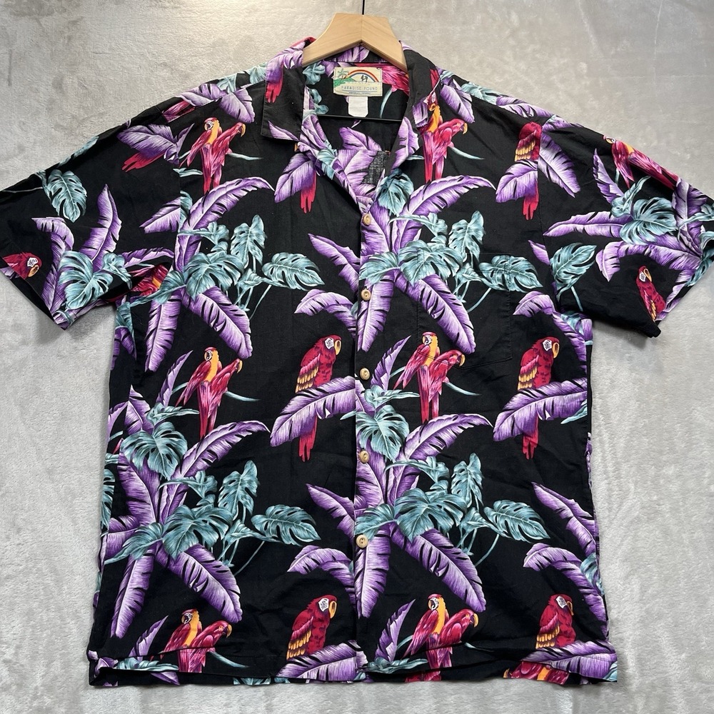 Paradise Found Magnum PI Parrot Hawaiian Shirt Black Men's L Vintage